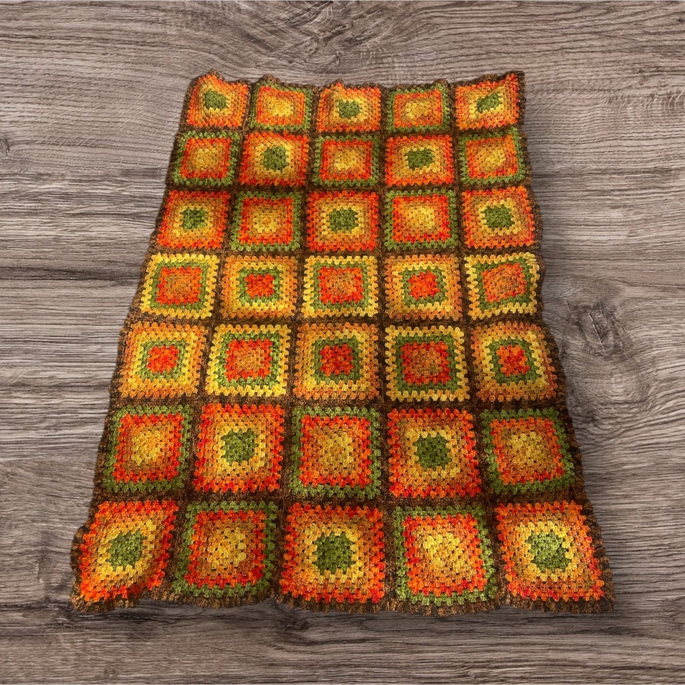 Vintage Crocheted throw 44 x  60 inches handmade 1970, Orange, green, yellow